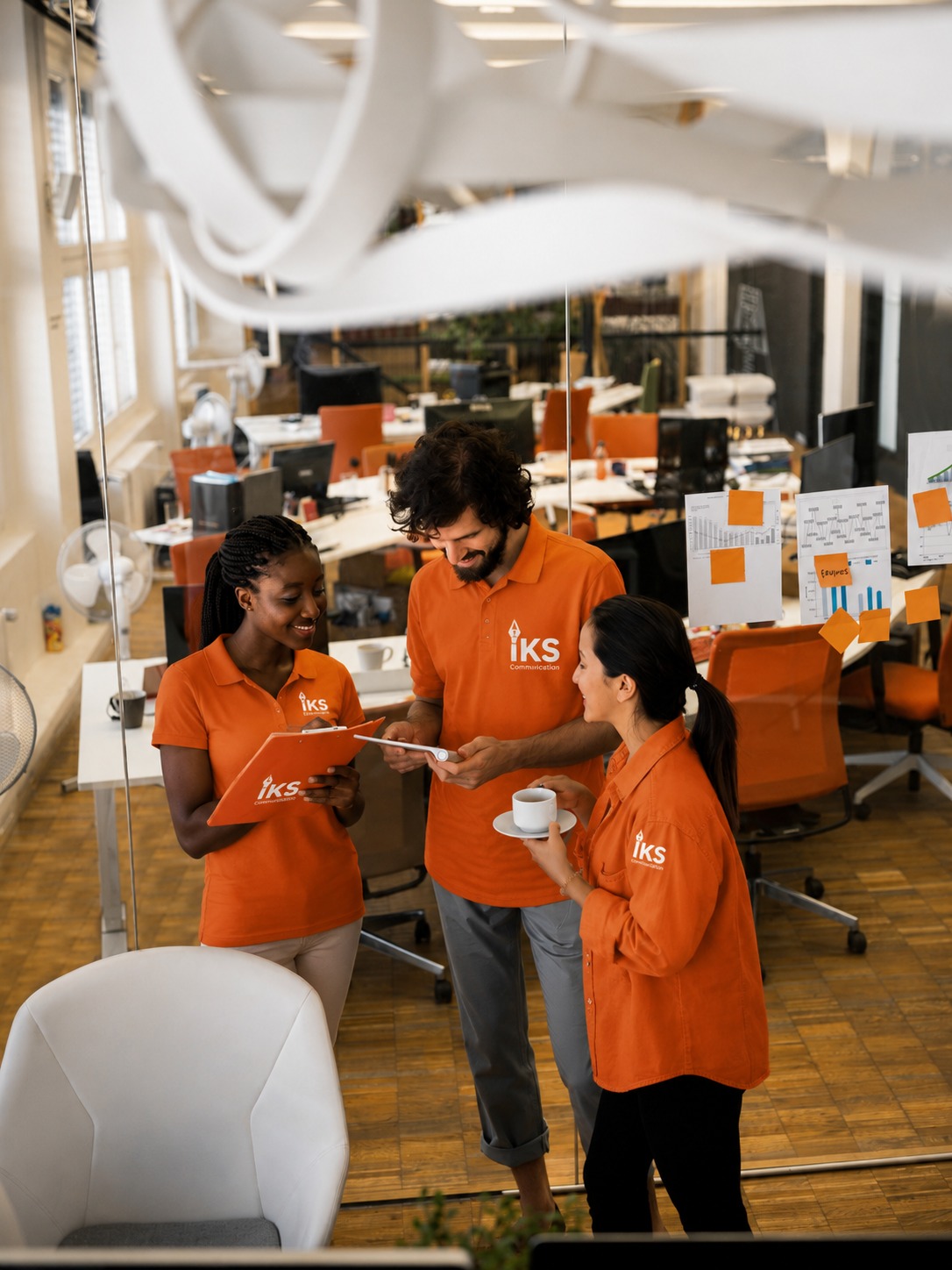 Collaborateurs IKS Communication en tenue orange, en réunion autour d'une tablette dans les bureaux