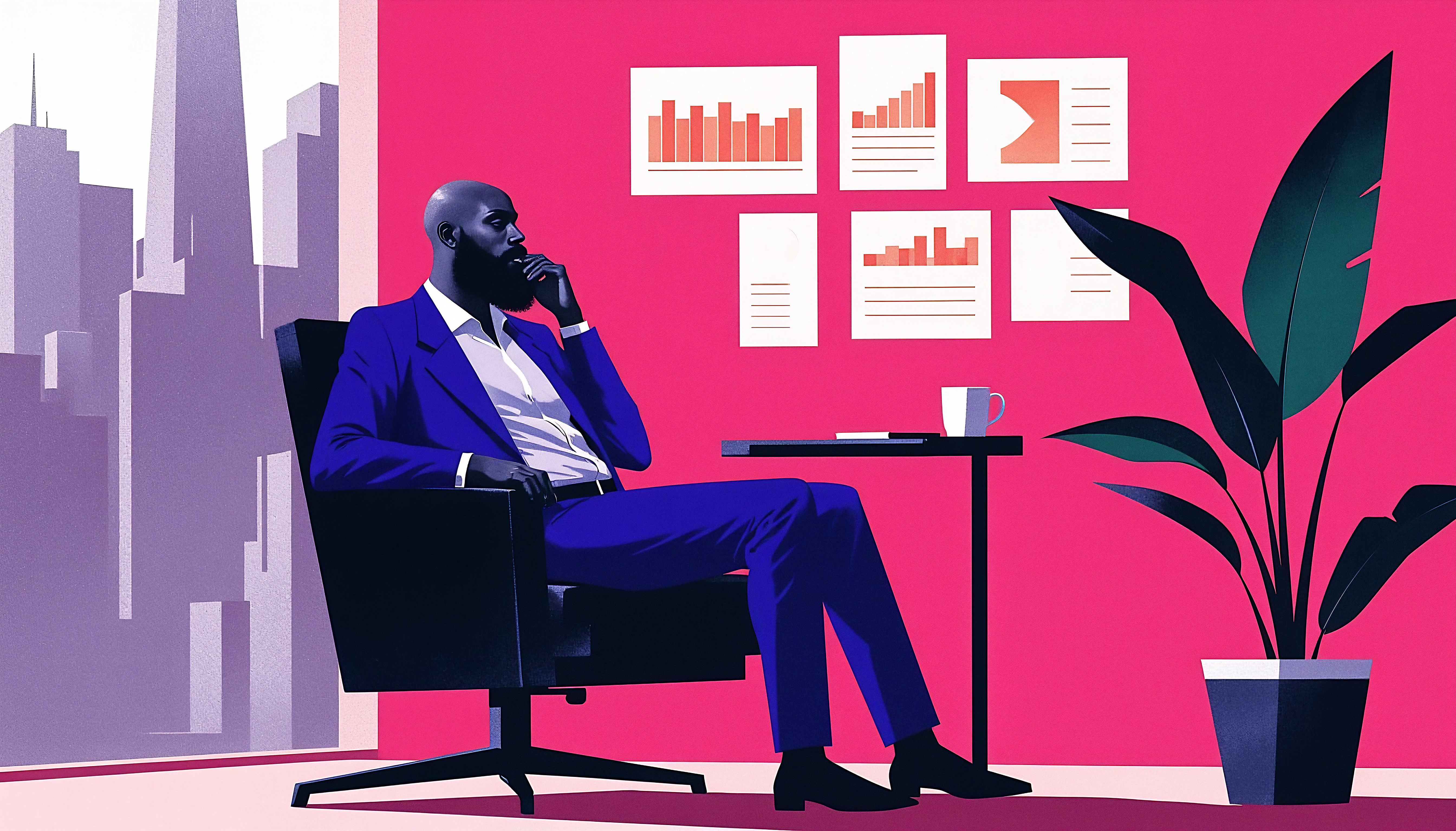 Professionnel en bureau moderne — stratégie et réflexion